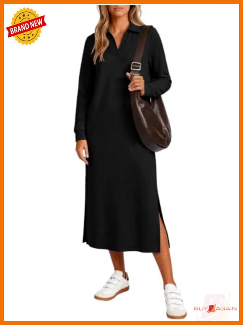 Womens Long Sleeve Polo V-Neck Maxi Dress with Pockets Slit Casual Travel